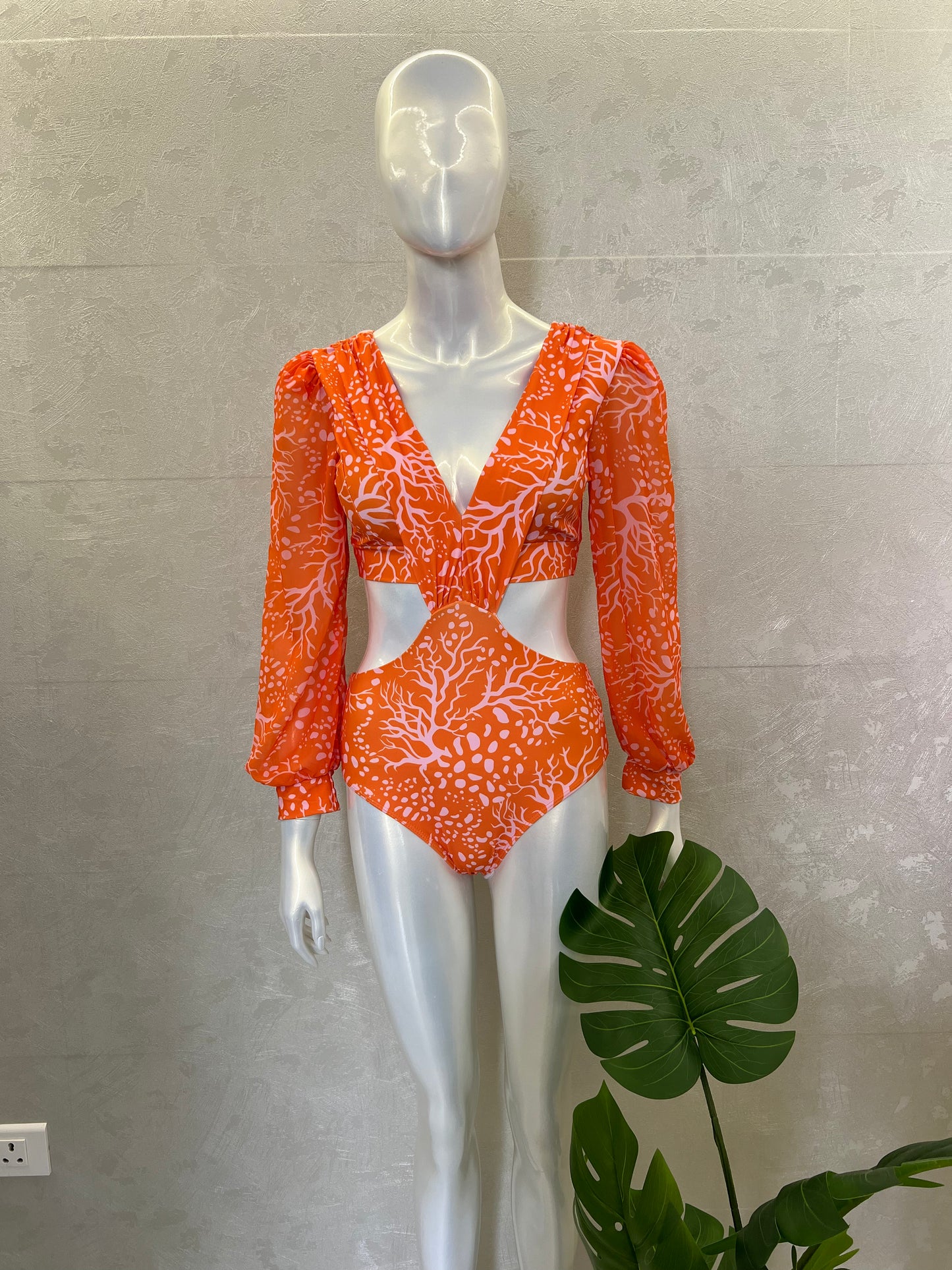 ORANGE PRINTED FULL SLEEVE SWIMSUIT