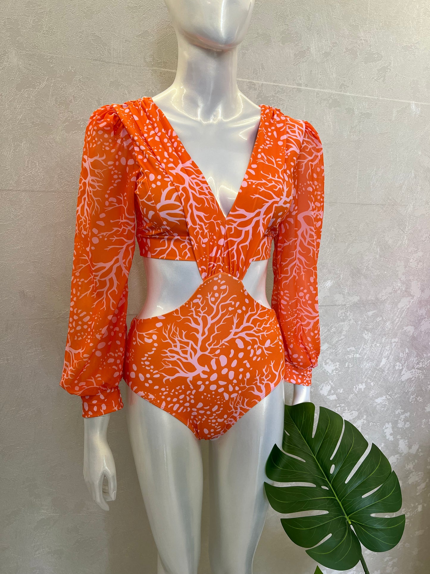ORANGE PRINTED FULL SLEEVE SWIMSUIT