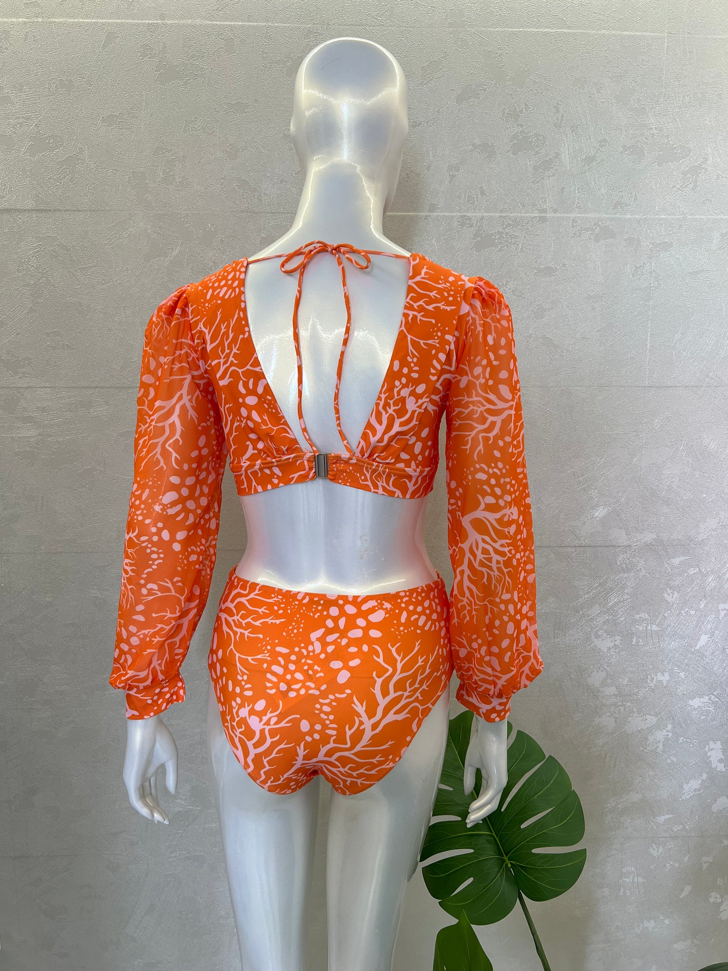 ORANGE PRINTED FULL SLEEVE SWIMSUIT