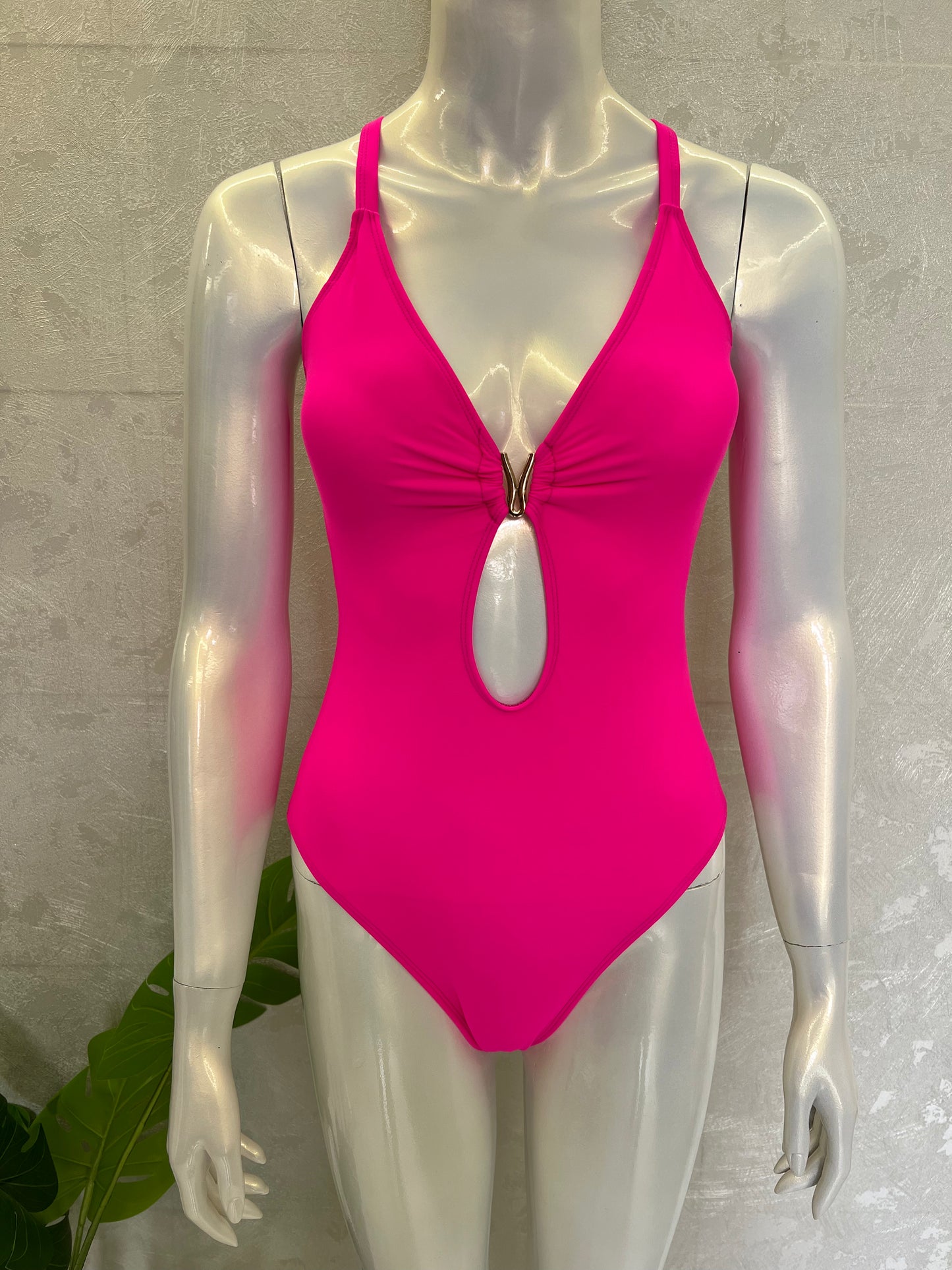CROSS BACK SWIMSUIT WITH METAL EMBELLISHMENT