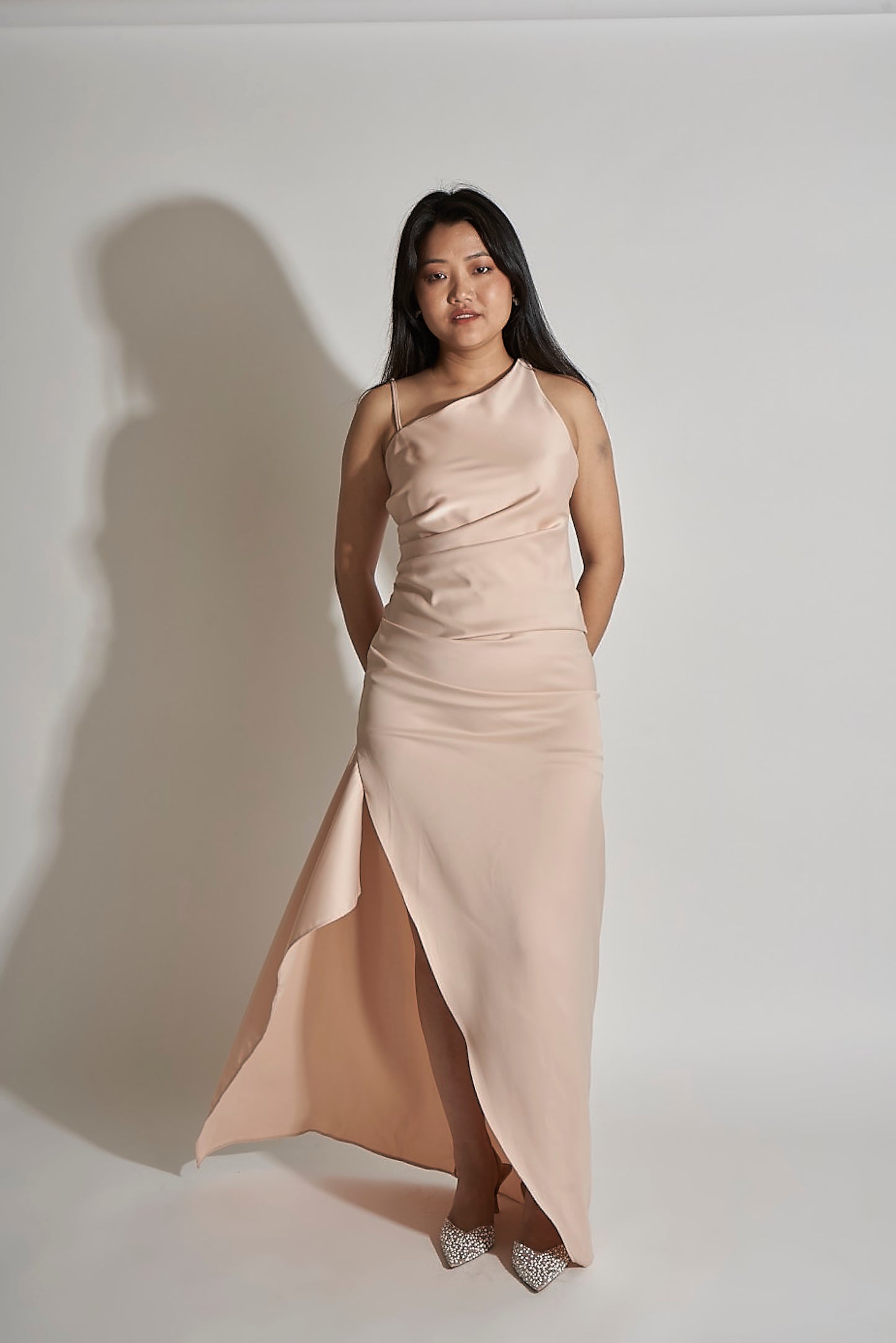 SATIN GOWN WITH ASYMMETRIC NECKLINE