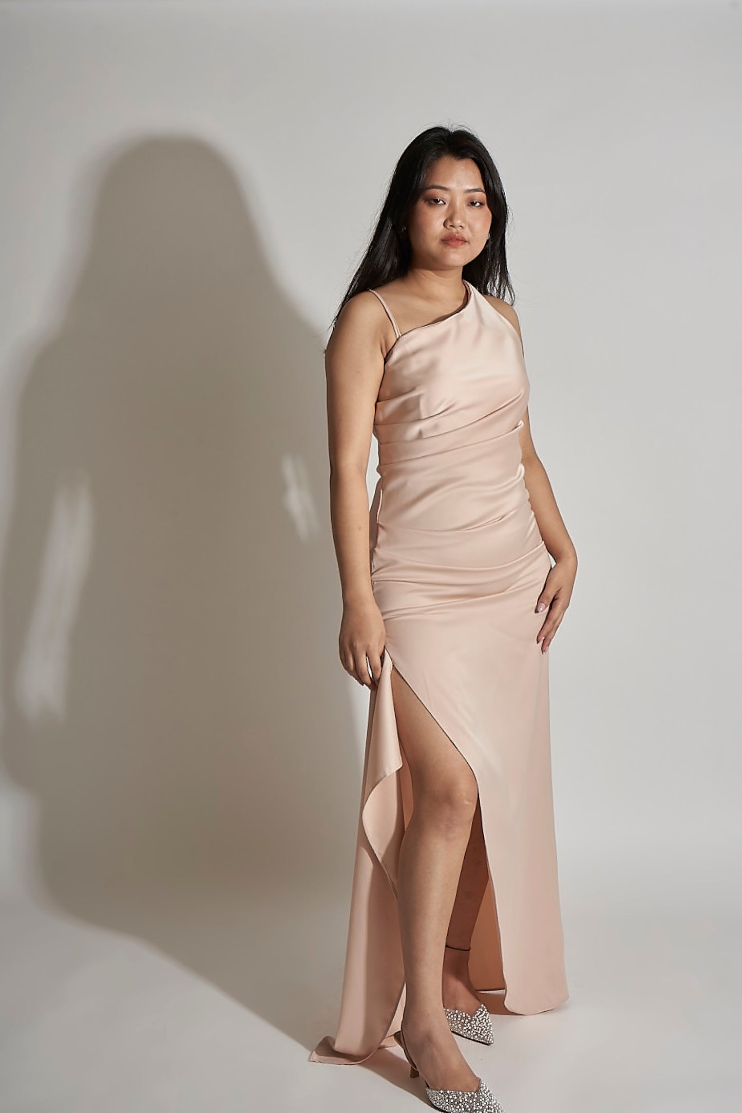 SATIN GOWN WITH ASYMMETRIC NECKLINE
