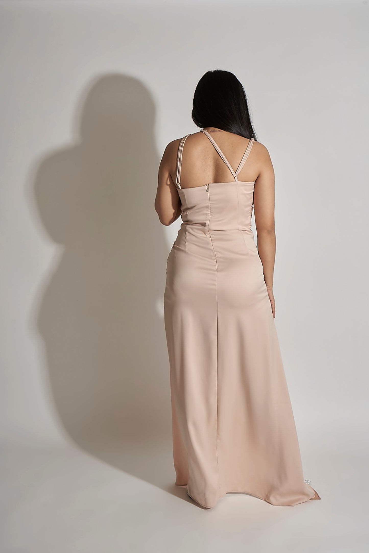 SATIN GOWN WITH ASYMMETRIC NECKLINE