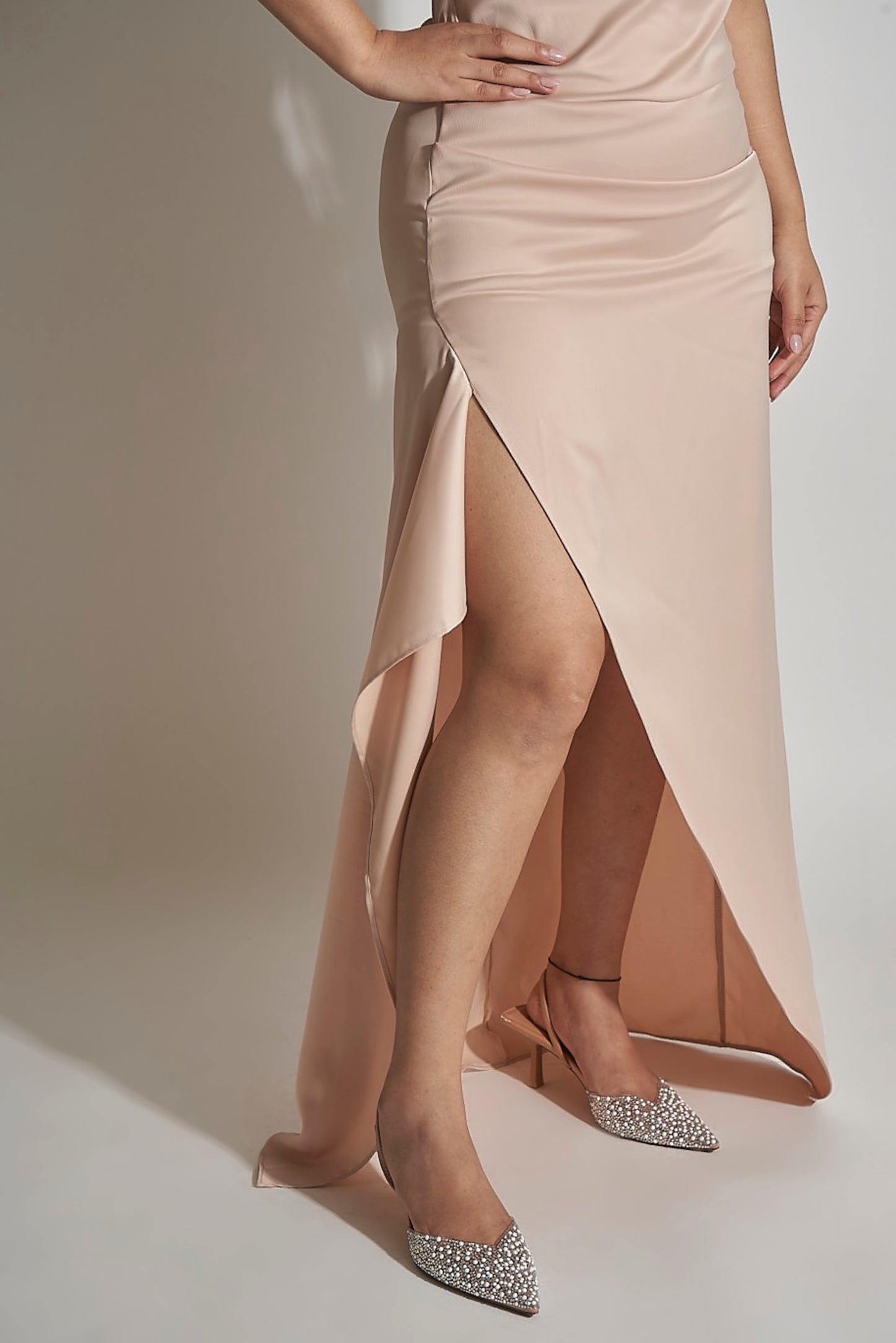 SATIN GOWN WITH ASYMMETRIC NECKLINE