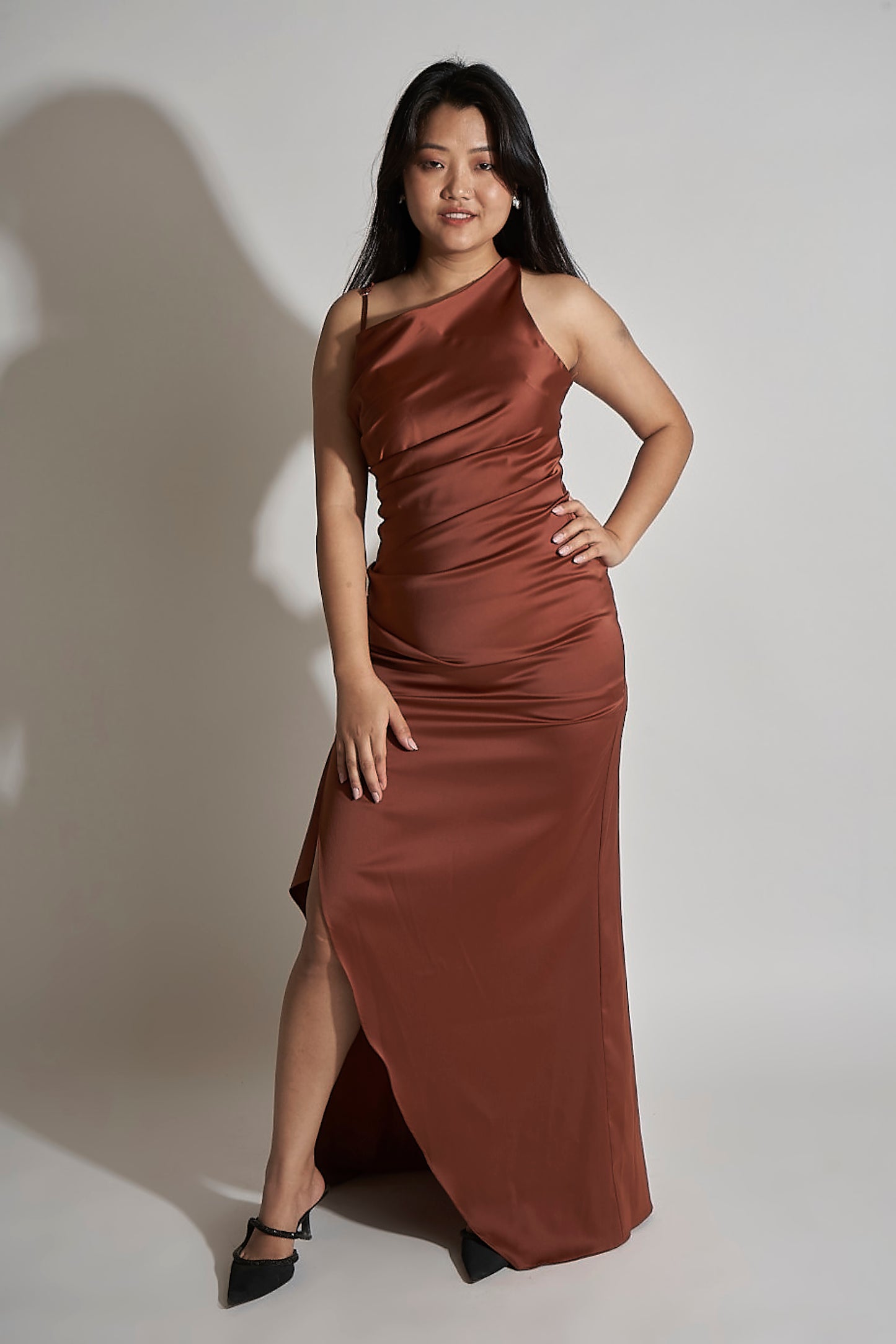 SATIN GOWN WITH ASYMMETRIC NECKLINE