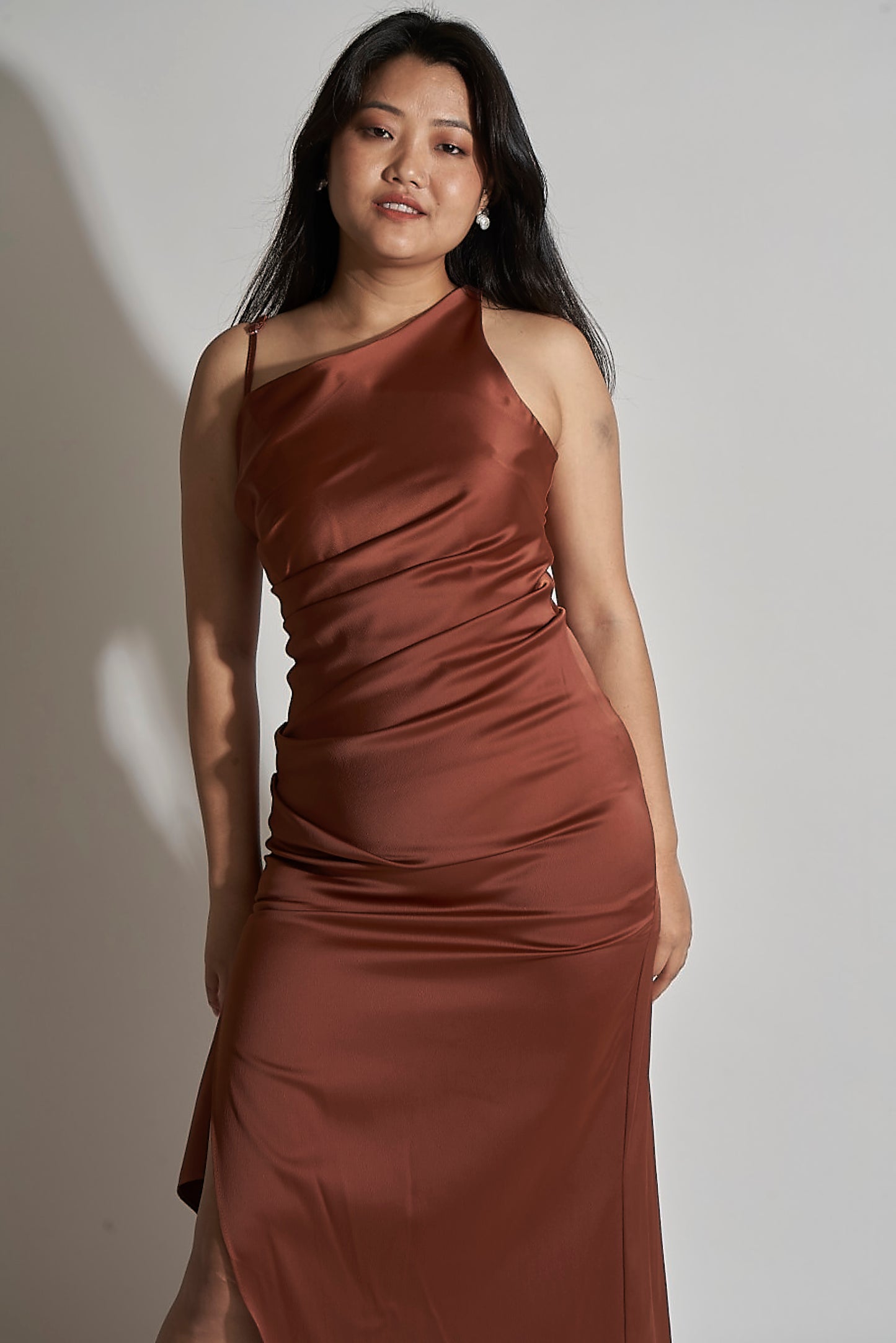 SATIN GOWN WITH ASYMMETRIC NECKLINE