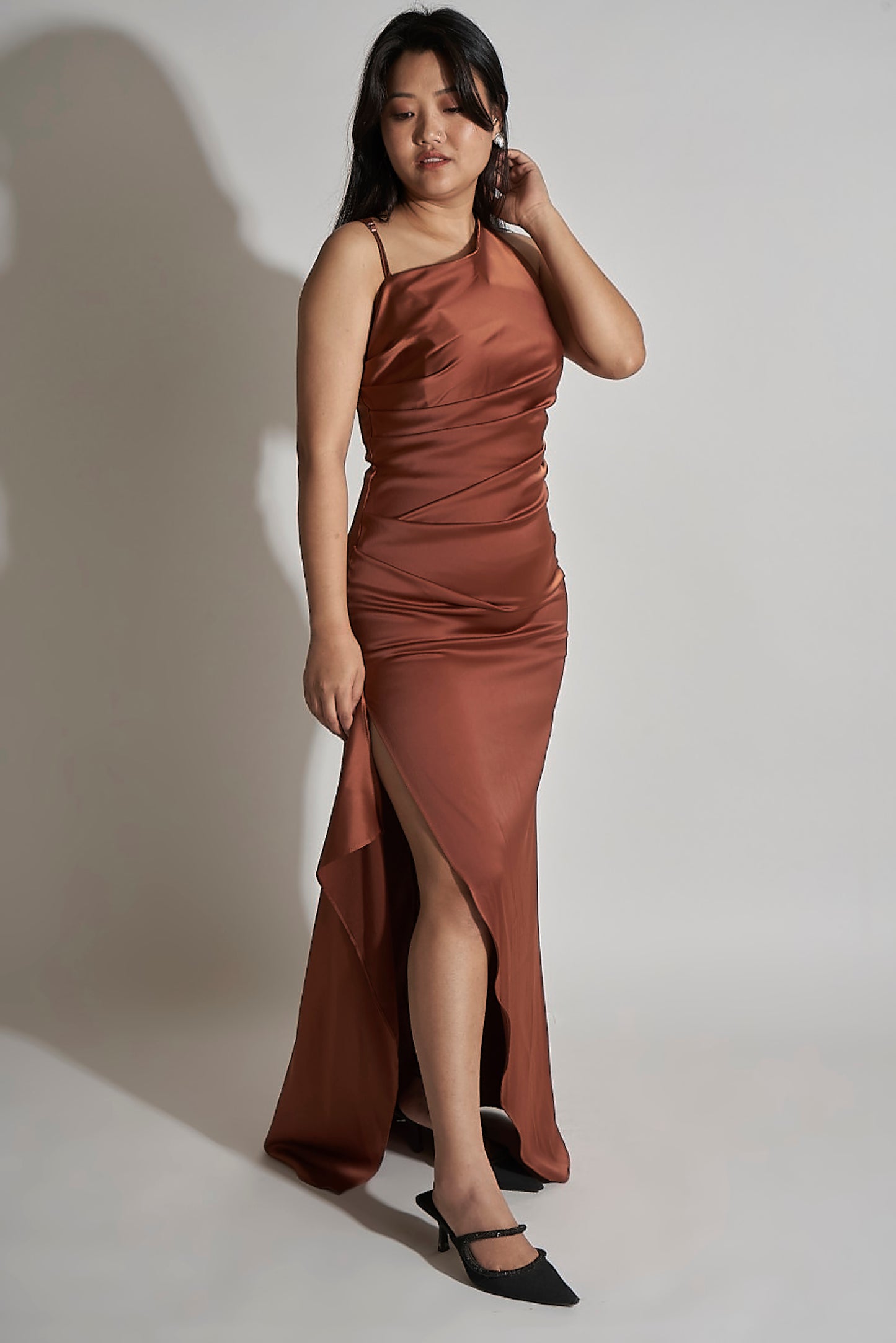 SATIN GOWN WITH ASYMMETRIC NECKLINE