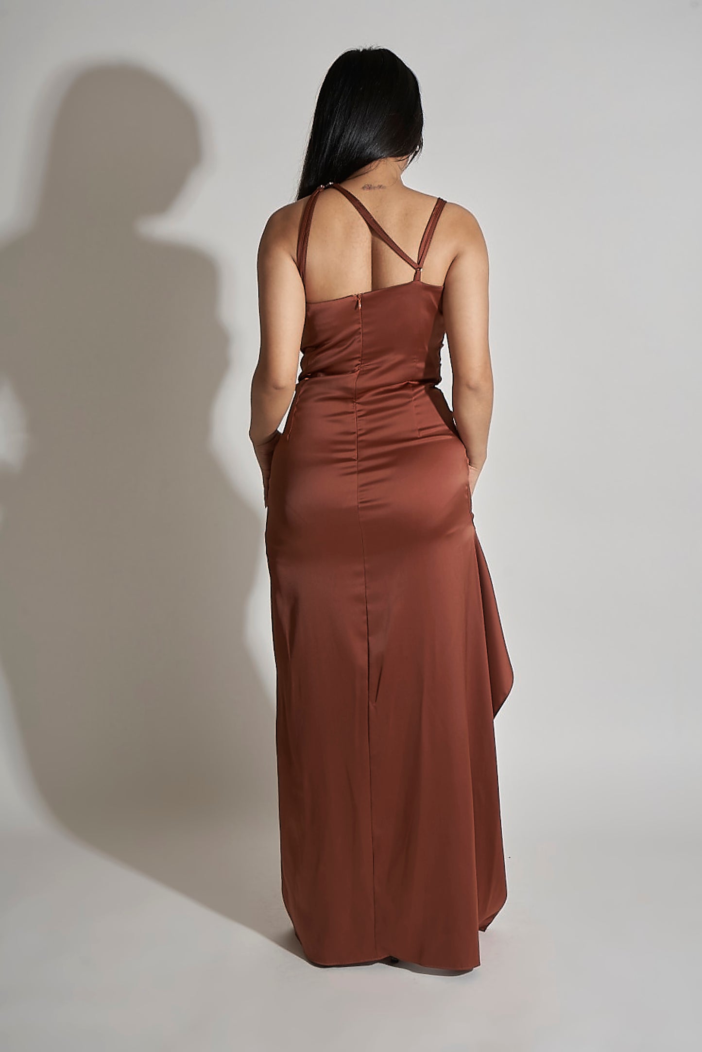 SATIN GOWN WITH ASYMMETRIC NECKLINE