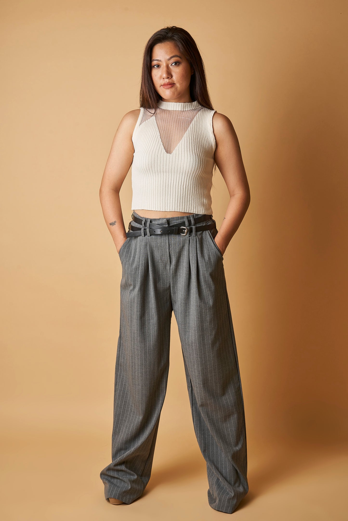 PINSTRIPE BELTED TROUSER