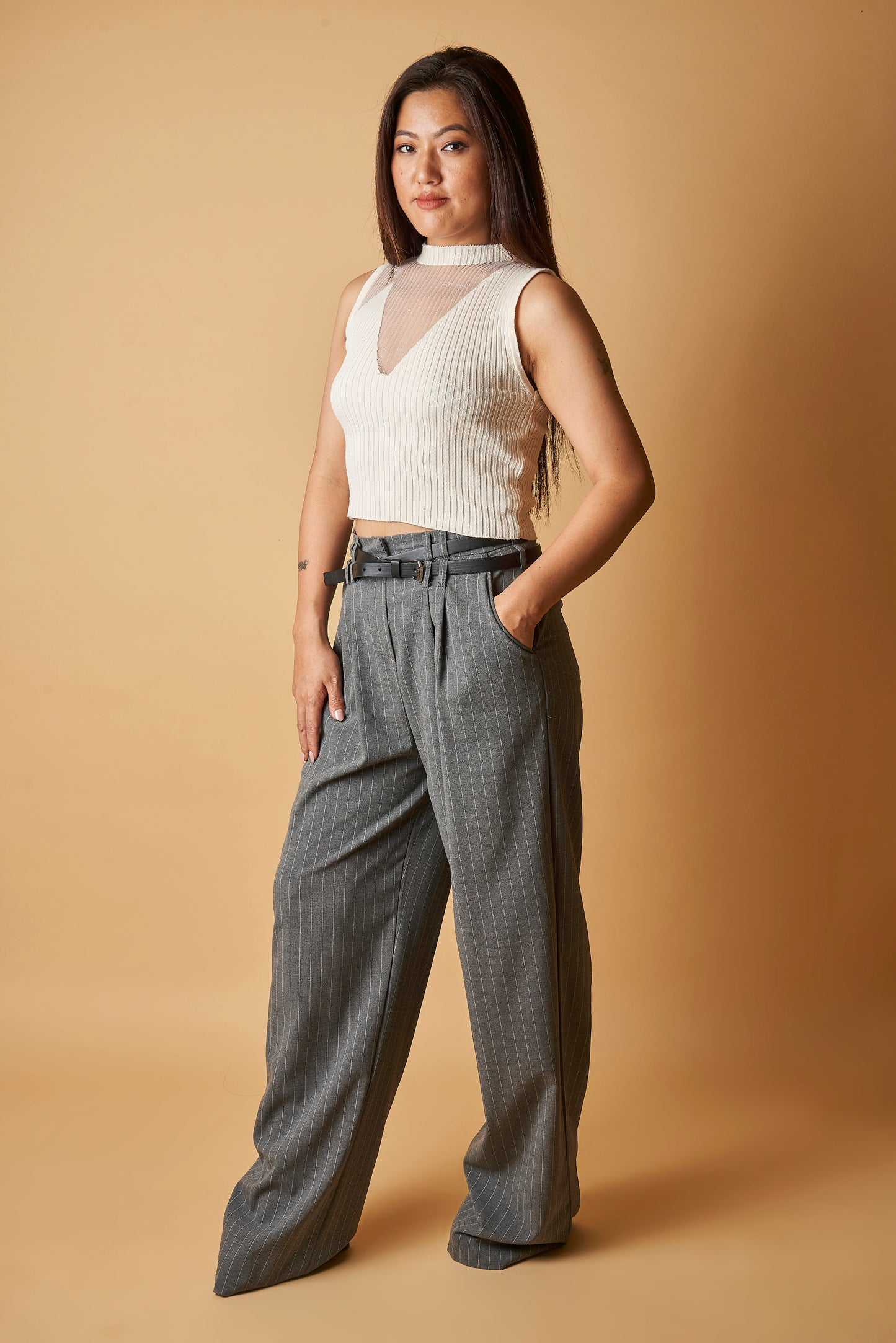 PINSTRIPE BELTED TROUSER