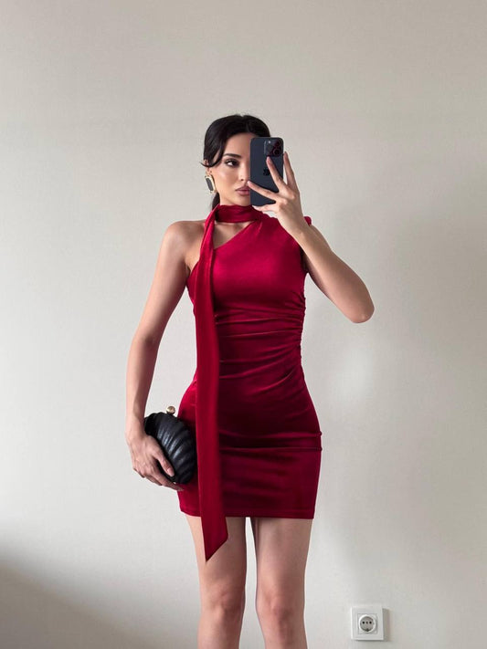 ONE SHOULDER DRESS WITH NECK TIE