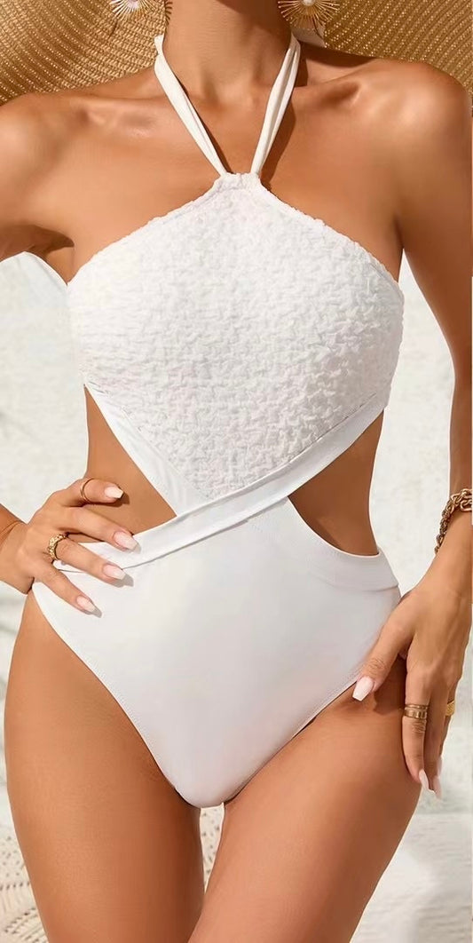 SMOCKED HALTER SWIMSUIT