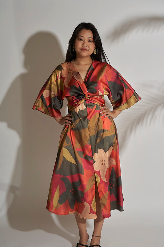 KIMONO SLEEVES FLORAL DRESS