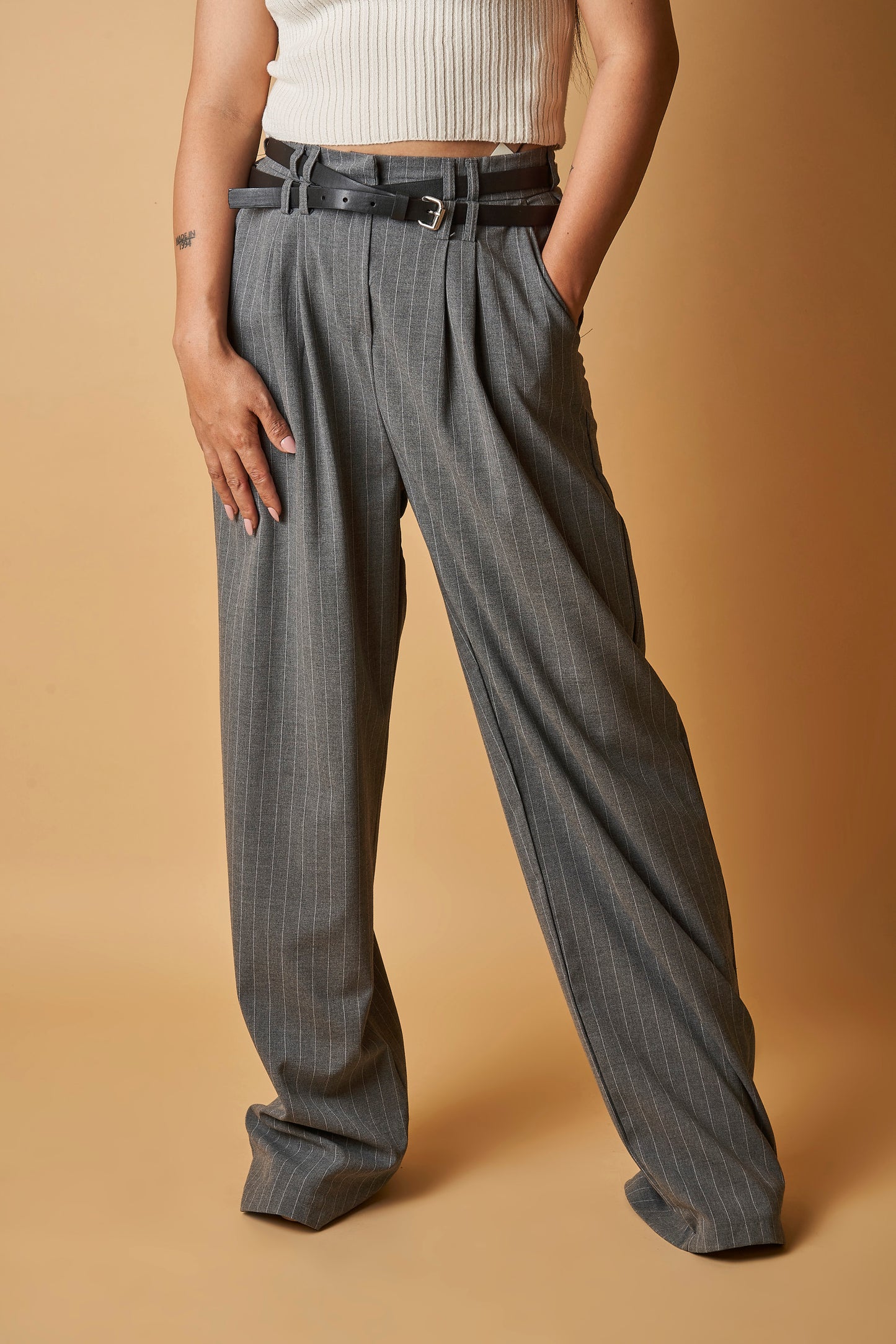 PINSTRIPE BELTED TROUSER